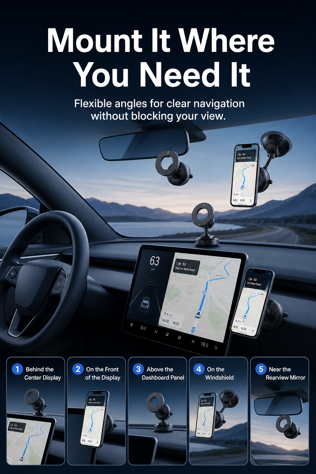 Car Phone Mount for Tesla and others with 3-Axis Nano-Vacuum Magnetic