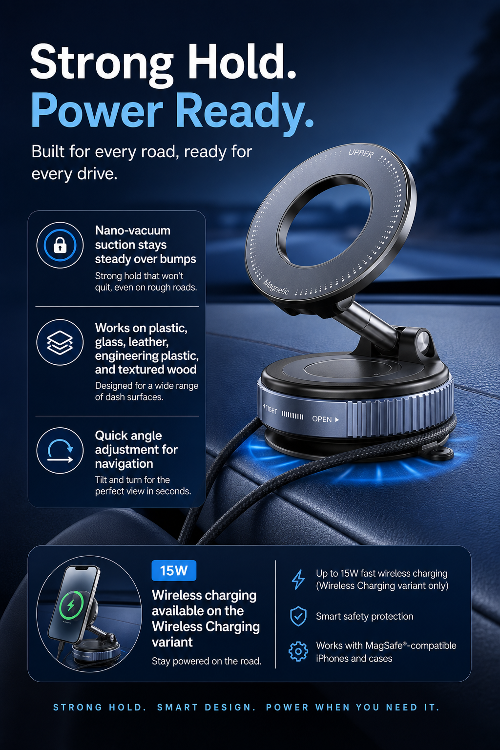 Car Phone Mount for Tesla and others with 3-Axis Nano-Vacuum Magnetic