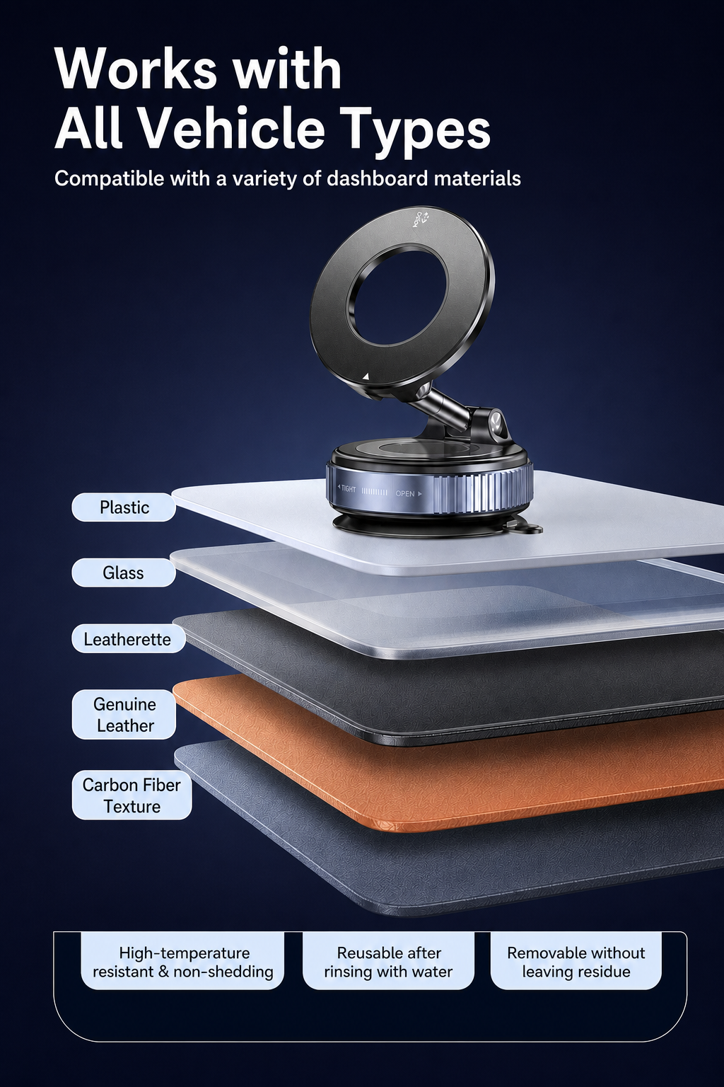 Car Phone Mount for Tesla and others with 3-Axis Nano-Vacuum Magnetic