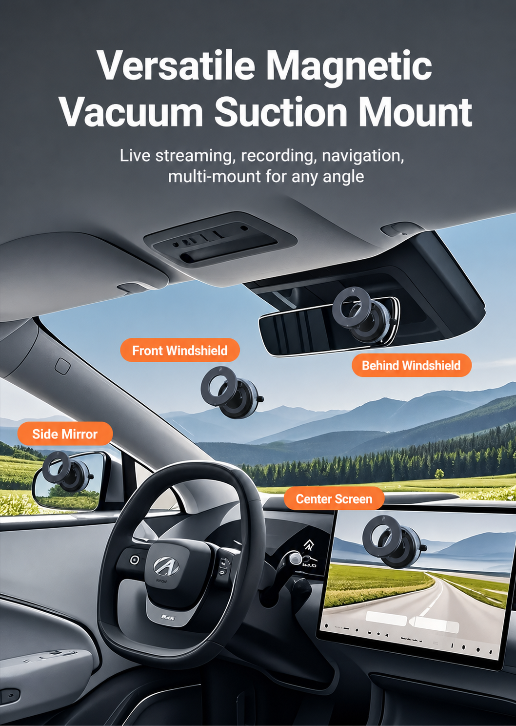 Car Phone Mount for Tesla and others with 3-Axis Nano-Vacuum Magnetic