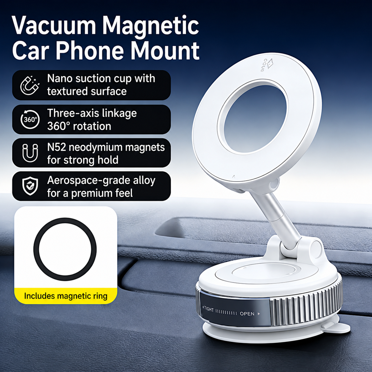 Car Phone Mount for Tesla and others with 3-Axis Nano-Vacuum Magnetic