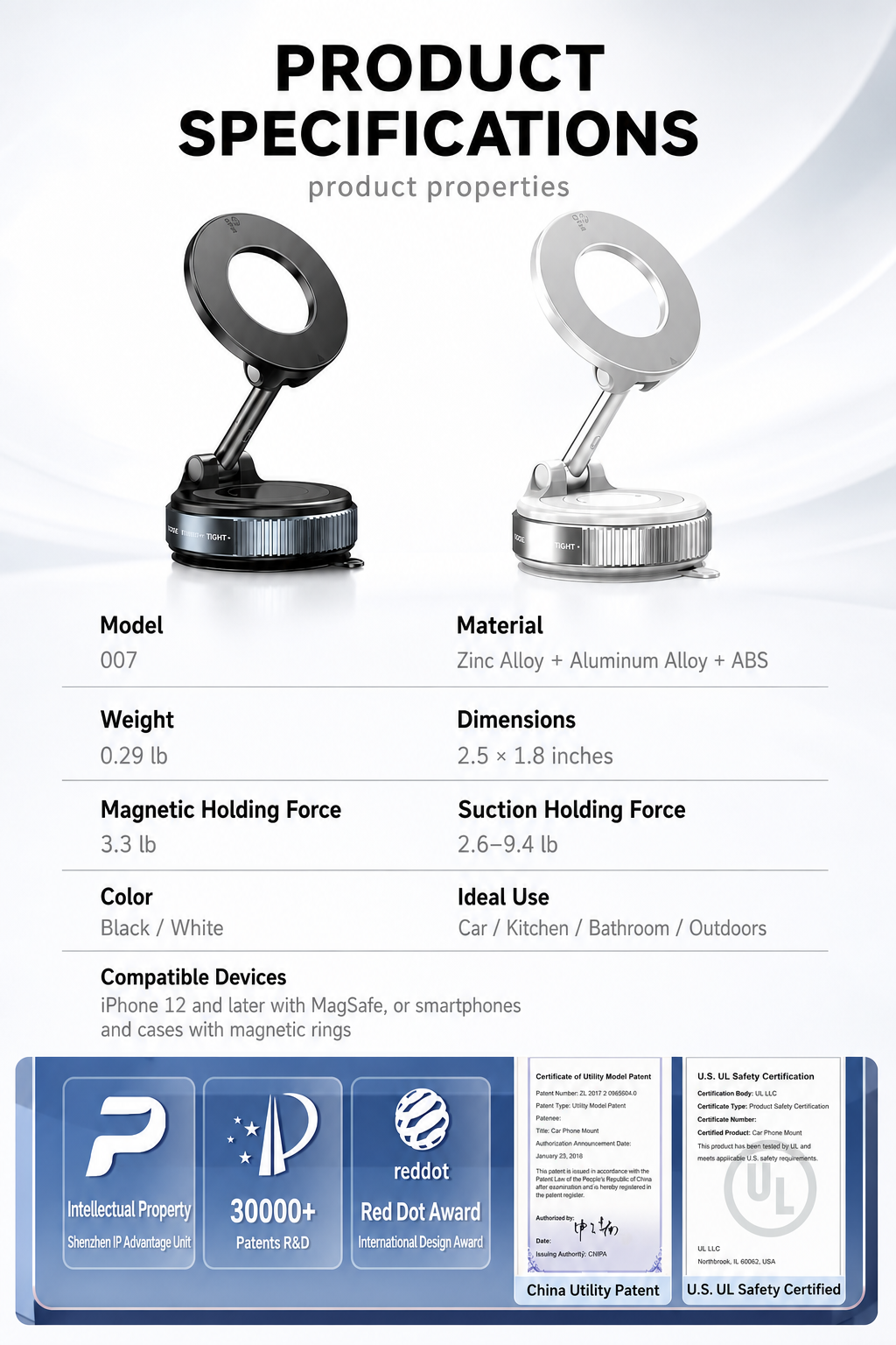 Car Phone Mount for Tesla and others with 3-Axis Nano-Vacuum Magnetic