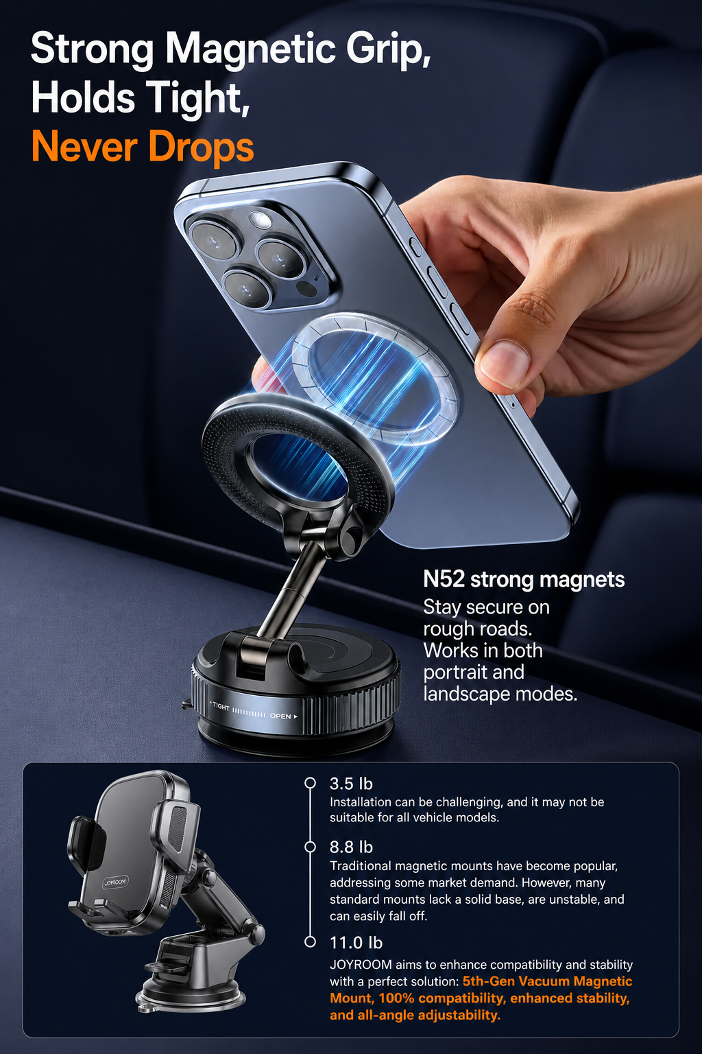 Car Phone Mount for Tesla and others with 3-Axis Nano-Vacuum Magnetic