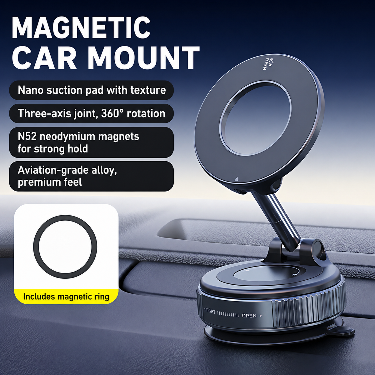 Car Phone Mount for Tesla and others with 3-Axis Nano-Vacuum Magnetic