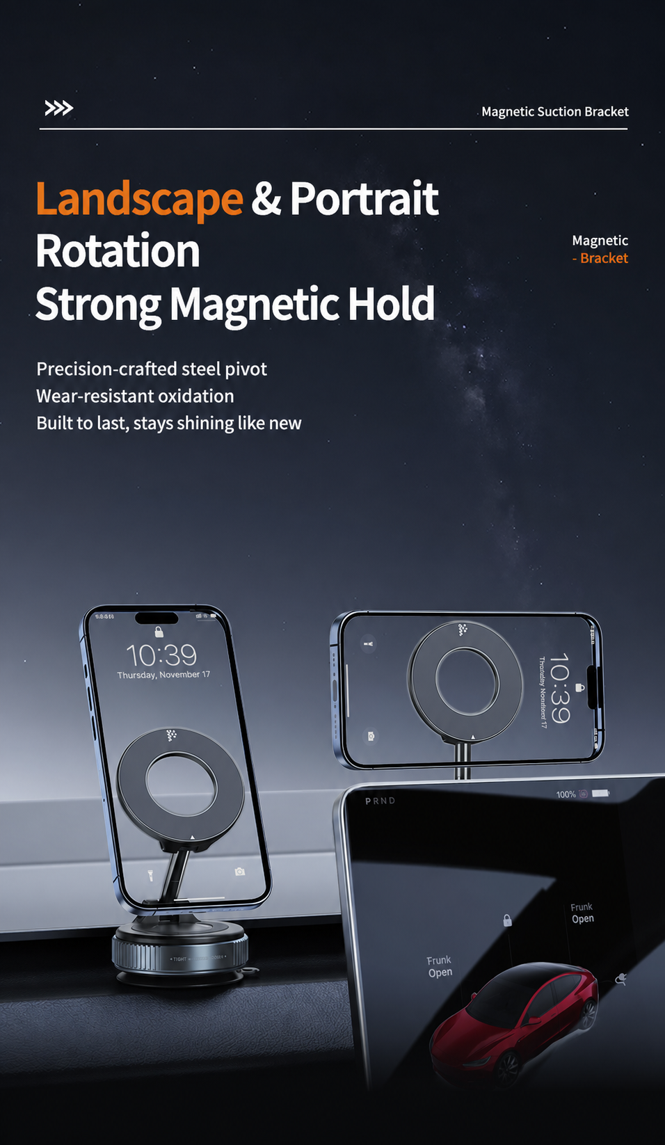 Car Phone Mount for Tesla and others with 3-Axis Nano-Vacuum Magnetic